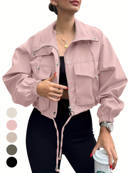 Womens Cropped Jacket Zip Up Lightweight Oversized Utility Anorak Coat with Pockets