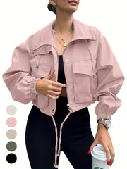 Womens Cropped Jacket Zip Up Lightweight Oversized Utility Anorak Coat with Pockets