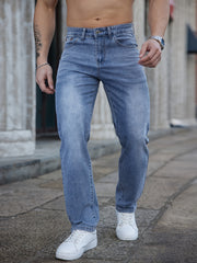 2025 Spring/Summer New Men's Light  Washed Faded Embroidered Slim-Fit Versatile Trendy Stretch Jeans
