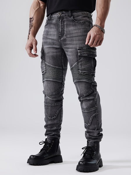 ESDVQ Men's Stretch Jeans - Slim Fit Stretch Pants with Multiple Utility Pockets, Stretch Denim for Everyday & Formal Wear - All-Season Skinny Jeans for Men, Casual Outfit, Edgy Fashion, Reinforced Seams, Stylish Trousers, Fashion Enthusiasts