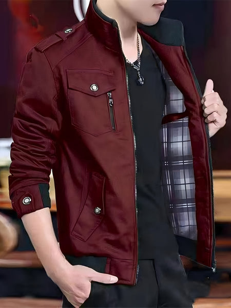 Men'S Solid Color Plaid Lining Cargo Jacket Autumn And Winter Multi-Pocket Design Stylish Long Sleeve Stand Collar Street Jacket Outdoor Coat Locomotive Jacket