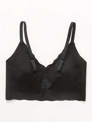 Elegant Wireless Comfort Bra With Wave-Edge | Solid Color, Non-Removable Padding, Patched Detail