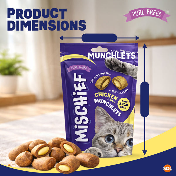Pure Breed Mischief Cat Treats 6 Pack | Chicken Flavour Pillow Snacks for Cats | Crunchy Outside & Soft Creamy Centre | High Protein Low Calorie Cat Bites (Only 2 kcal Each) | Natural Resealable Cat Treat Pouches