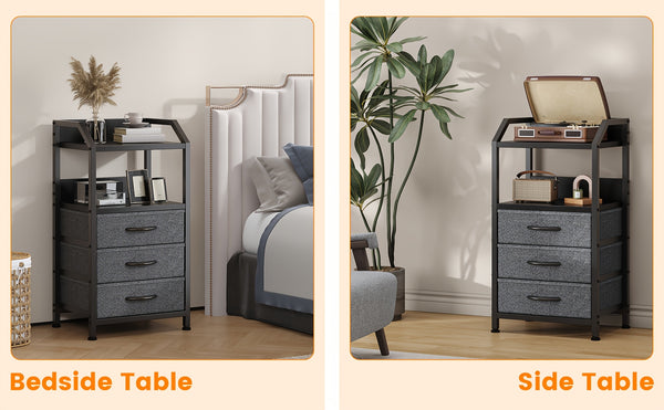 Modern Black Fabric Drawer Nightstand with Open Shelves - Engineered Wood & Metal Frame, 3 Drawers & Open Shelf, Compact 68.58cm Height, 3, 2 Cu Ft Storage, Easy Assembly for Bedroom, Living Room, Dorm, Office, Bedroom Storage, Contemporary Design, Sturdy