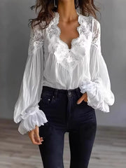 Women'S 2026 Lace Patchwork Pleated Shirt with Puff Sleeves