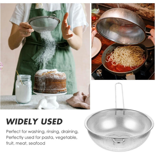 Stainless Steel Colander with Handle, Fine Mesh Food Strainer, Long Handle Metal Strainer, Drain Basket for Rice Pasta Spaghetti Vegetables