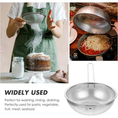 Stainless Steel Colander with Handle, Fine Mesh Food Strainer, Long Handle Metal Strainer, Drain Basket for Rice Pasta Spaghetti Vegetables