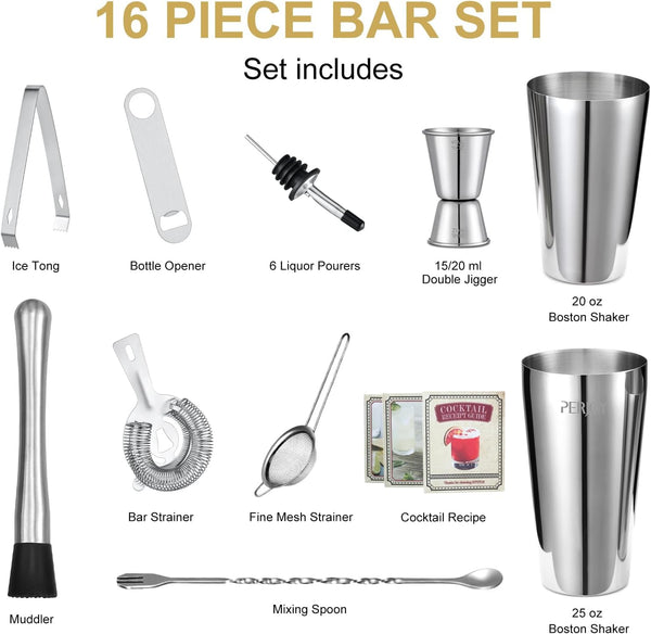 16 Piece Cocktail Shaker Set, Stainless Steel Bar Accessories for Home Pub, Boston Shaker Gift Set