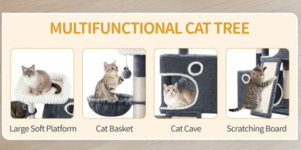98cm Cat Tree, Cat Tower for Indoor Cats, Multi-Level Cats House Furniture with Scratching Post, 2 Caves, Large Platform, Scratching Ramp, Pompom, Light Grey