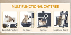 98cm Cat Tree, Cat Tower for Indoor Cats, Multi-Level Cats House Furniture with Scratching Post, 2 Caves, Large Platform, Scratching Ramp, Pompom, Light Grey