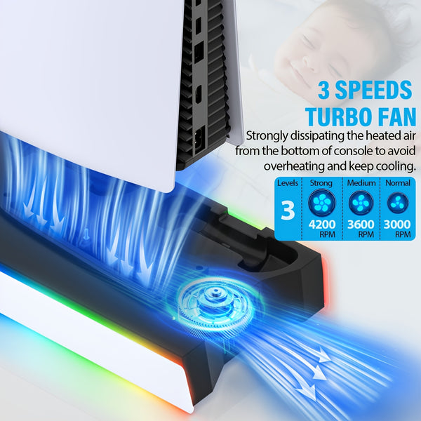 for PS5/Slim/ Pro Stand Disc & Digital Console, RGB Cooling & Charging Station with 3-Level Fan, Controller Charger for PS5 Controller, Accessories with 3 USB Ports/Cooling Fan/Headset Holder