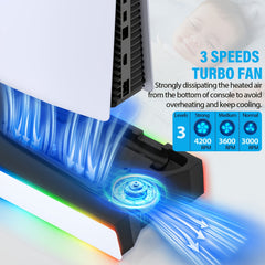 for PS5/Slim/ Pro Stand Disc & Digital Console, RGB Cooling & Charging Station with 3-Level Fan, Controller Charger for PS5 Controller, Accessories with 3 USB Ports/Cooling Fan/Headset Holder