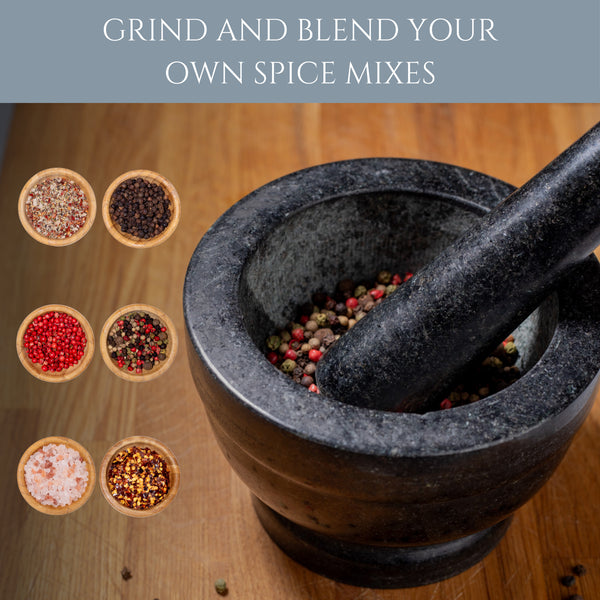 Homiu Pestle And Mortar Set | Granite Stone Large Bowl Grinder with Base | Premium Kitchenware Natural Stone, Solid and Durable, Spice Garlic Herb Crusher Seed Grinder| Large Black 14.5cm Diameter