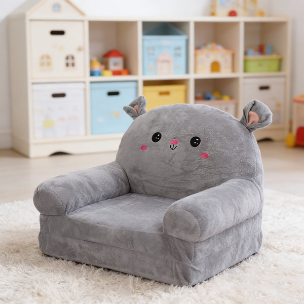 Cozy Kid Folding Sofa, Plush, Washable Lounge Chair for Playroom & Nursery, Gray Dog Style Foldable Wide Handle Soft Breathable Toddler Chair for Reading Relaxing Sleeping(2 Layers)