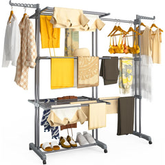 4 Tier Large Clothes Airer with Wings, Retractable Folding Drying Rack with Wheels for Indoor & Outdoor Use, 190 × 64 × 170 cm, Grey
