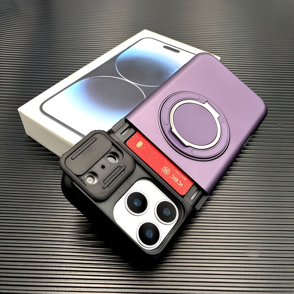 Phone Case - Luxury Armored Phone Case for Iphone 17 Pro Max Sliding Lens Cover Protection 360 Degree Rotating Bracket Card Holder Design Adsorption Car Mount Shockproof Anti Shock Protection Cover