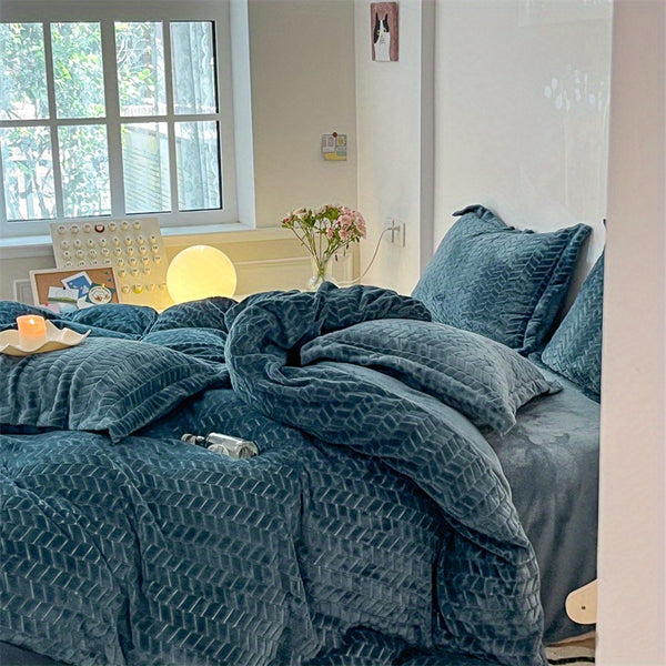 Premium Luxury Bedding Milk Velvet 4pcs Set, Soft, Thickened and Warm, Including 1 Duvet Cover+ 2 Pillowcases+ 1 Bed Sheet, Washable and Machine-Washable, Suitable for Bedrooms, Guest Rooms, Rental Houses, College Dorms