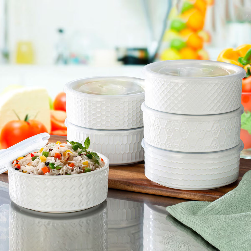 Signature Housewares Stoneware Bowls with Lids, 6 Pack in White