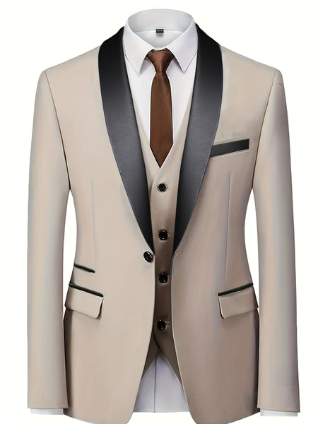 Men'S Suit Set, 3pcs Blazer, Vest And Trousers, Groomsman Business, Fashionable Elegant, Premium Men, Suitable for Wedding, Business, Party (With Pocket Square)