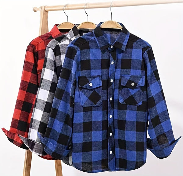 3 Men'S Plaid Shirt Top Lapel Long Sleeve Closure Men'S Casual Shirt Suitable for Men'S Daily Holiday Street Wear Casual Plaid Shirt Four Seasons Fashion Comfortable Fit Red, Blue And Black 3-Color Combination Pc Button Collar Chest Pocket