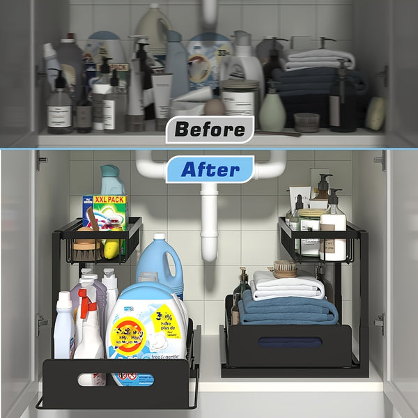Pull-Out Organizer Rack, Multi-Functional Double-Layer Sundries Storage Rack, Large Capacity Sliding Storage Rack, Suitable for Kitchen And Bathroom, Home Organize And Storage, Home Additions