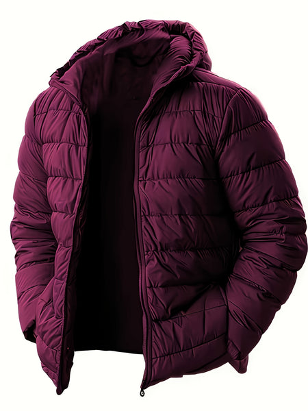 Men'S Outdoor Lightweight Thickened Hooded Windproof Quilted Solid Color Warm Coat