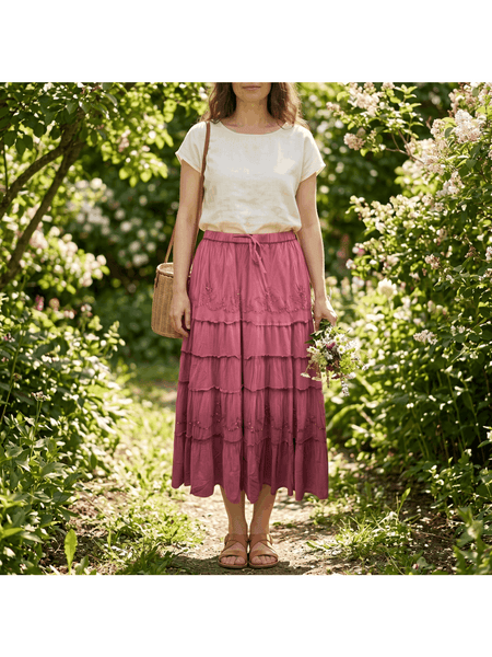 Women’s Vacation Tiered Maxi Skirt Elastic Waist Floral Embroidery Ruffle Hem - 20001
