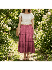 Women’s Vacation Tiered Maxi Skirt Elastic Waist Floral Embroidery Ruffle Hem - 20001