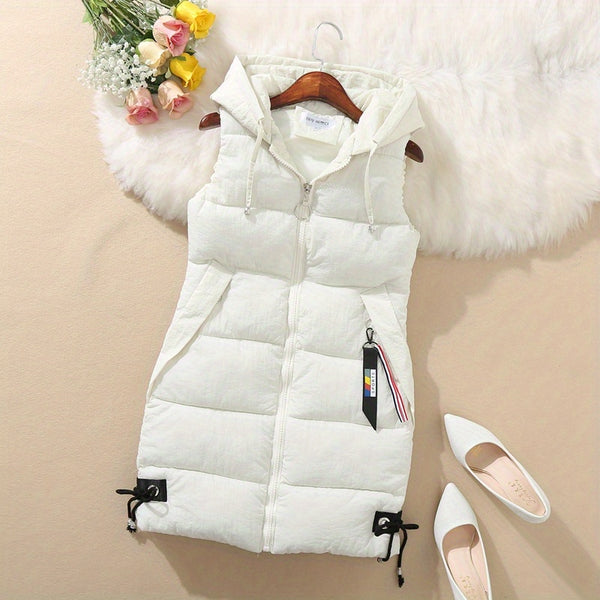 Women's Elegant Sleeveless long vest - Winter Warm Coat, Zipper Closure Front, Loose Fit Non-Stretch Outerwear, Sophisticated Formal & Everyday Chic Outerwear for Fall/Winter Seasons, Cold Weather Wear, Modern Aesthetic, Durable Construction, Casual Wear