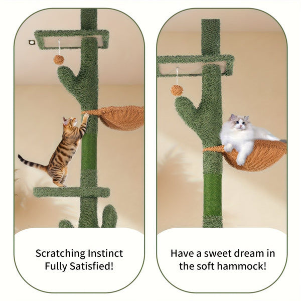 Cactus Cat Tree Floor to Ceiling Cat Tower with Adjustable Height 229Cm-275Cm, 4 Tiers Cat Climbing Activity Center with Cozy Hammock, Platforms And Dangling Balls, Green