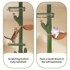 Cactus Cat Tree Floor to Ceiling Cat Tower with Adjustable Height 229Cm-275Cm, 4 Tiers Cat Climbing Activity Center with Cozy Hammock, Platforms And Dangling Balls, Green