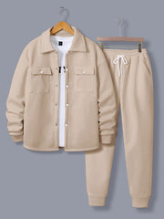 Men'S Fashionable Versatile Lapel Genuine Pocket Outwear Long Sleeve Jacket And Drawstring Solid Color Pocket Pants 2pcs Set