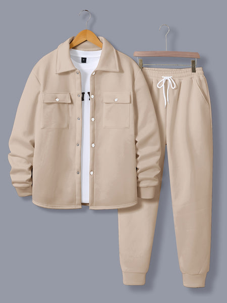 Men'S Fashionable Versatile Lapel Genuine Pocket Outwear Long Sleeve Jacket And Drawstring Solid Color Pocket Pants 2pcs Set