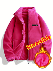 Women's Spring Casual Jacket, Thickened Shaggy Warm Printed Reversible Coral Sweatshirt, Double-Sided Outerwear