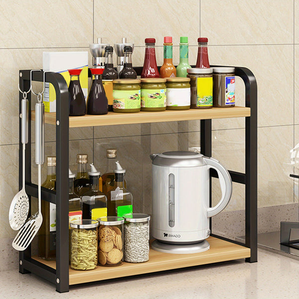 2-Tier Spice Rack Organizer for Kitchen Countertop - Wood & Carbon Steel Shelf for Spices, Jars, and Bottles - Maximize Space with Easy Assembly, Non-Skid Pads, and Durable Design, Condiment Holder | Smooth Rounded Edges, Spices Organizers And Storage