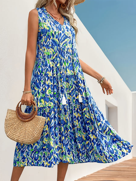 Spring/Summer Vacation Women'S Sleeveless Bohemian Style Fringed Tie-Up Printed Dress