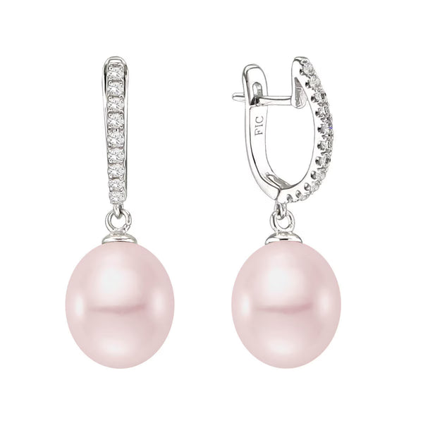 8.5-9Mm Cultured Freshwater Pink Pearl & 0.16Ctw Diamond Earrings, 18Ct White Gold