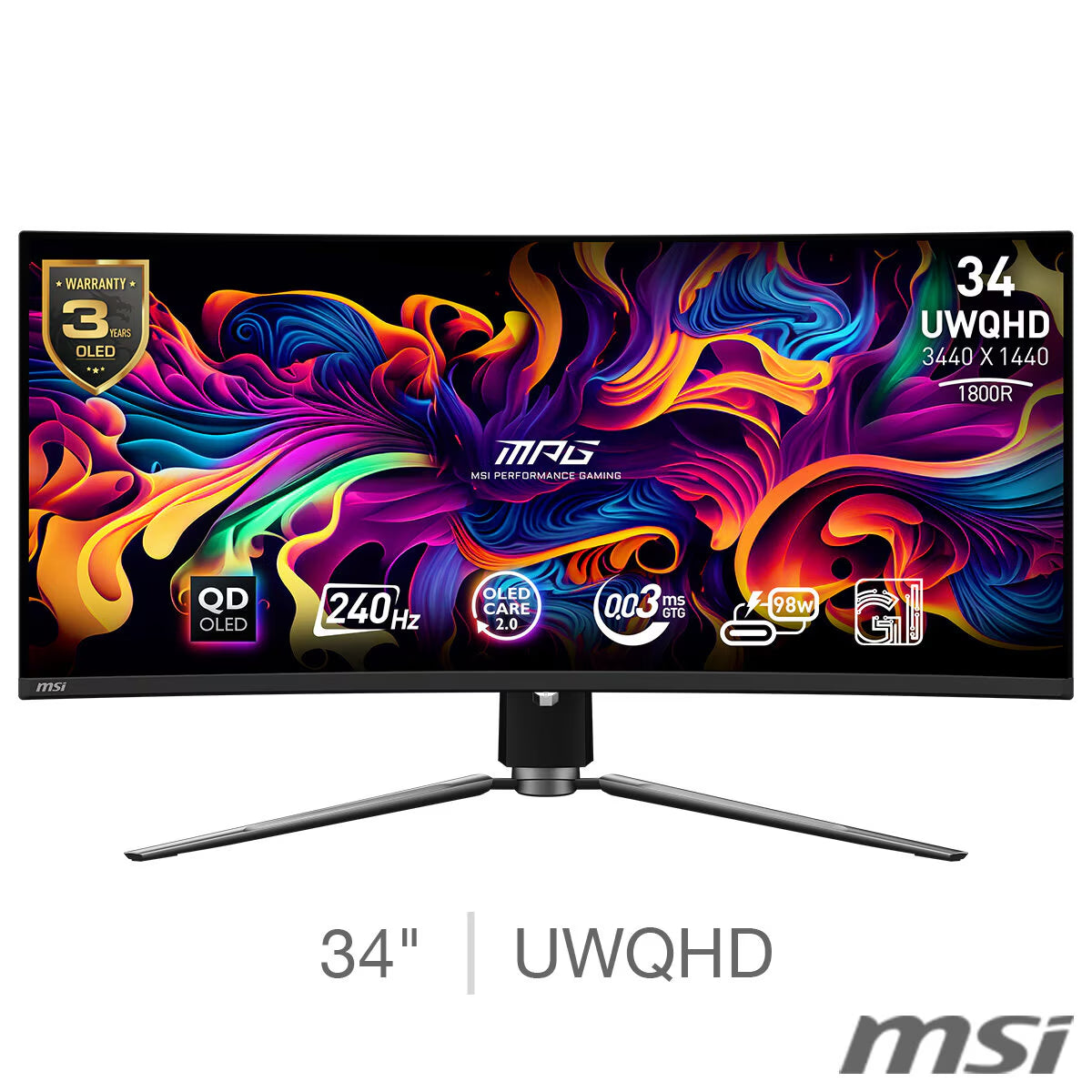 MSI MAG 341CQPX 34 Inch UWQHD 240Hz OLED Gaming Monitor, 9S6-3DD04T-019
