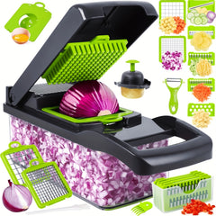 16-In-1 Enhanced Vegetable Chopper, Multi-Functional Vegetable Cutter, Versatile Fruit Slicer, Manual Food Grater with Container, Interchangeable Multi-Blade Onion Chopper, Home Potato Slicing Tool