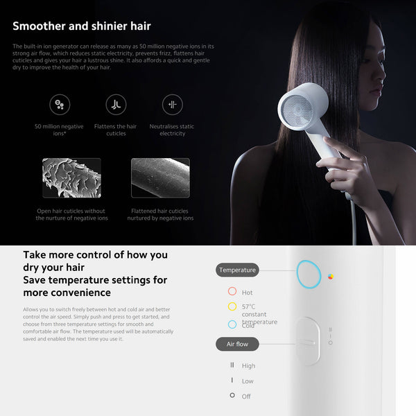 Xiaomi Ionic Hair Dryer H300,20 M/S Super Large Air Flow,2-Speed Three Temperature Settings,Powerful And Fast Hair Dryer, Hot And Cold Air Constant Temperature Hair Care Without Damage