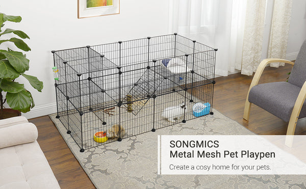 2-Floor Metal Pet Playpen, 36 Grid Panels, Customisable Cage Enclosure for Small Animals, Guinea Pigs Hamster Runs, Rabbit Hutches, Includes Mallet, Indoor, 143 x 73 x 71 cm, White/Black