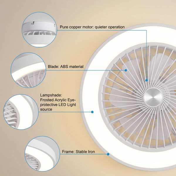 Low Profile Ceiling Fans with Lights, 50.04cm Enclosed Ceiling Fan Flush Mount, 3000K-6000K Smart Bladeless LED Fan Light, White Black Modern Ceiling Fans with Lights for Bedroom Dimmable LED 6 Speeds Reversible Timing