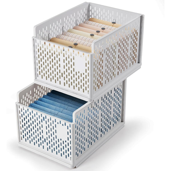 2pcs Foldable Plastic Wardrobe Closet Cabinet Storage Organiser Stackable Pull Out Drawer Baskets with Ventilation Holes for Jeans, Clothes, Bras, Underwear, Books Dividers Shelf Bedroom Home Office Space-Saving