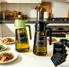 2 Kitchen Glass Olive Oil Bottles with 6 Stickers, Oil Dispenser and Cooking Spray Device, 16oz Premium Dark Green Glass Oil Bottle, Perfect Cooking Tool for Grilling, Camping, and Salads, Nozzle Design for Easy Cleaning, Suitable for Cooking