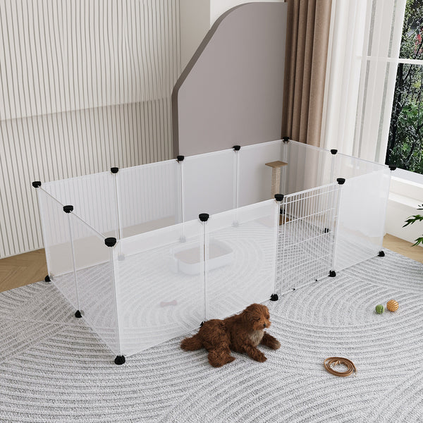 Transparent Plastic Dog Fence with Door Frame, 12-Panel Clear Plastic Dog Playpen with Door Frame, Modular Pet Fence System, Small/Medium Dog Pen with Convenient Access Gate for Indoor Use, Ideal for Home Indoor Use Like Living Room, Bedroom, 149x70x45cm