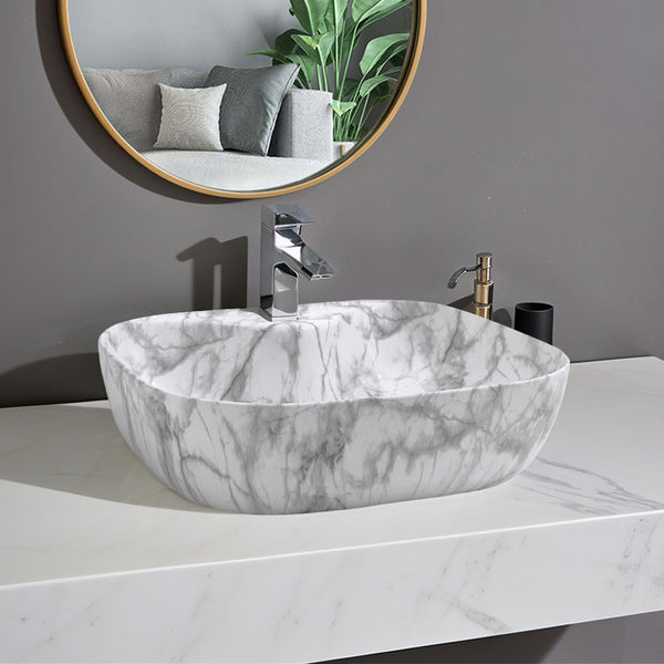 510*410mm Marble Effect Ceramic Sink Basin Bathroom Vanity Countertop Wash Sink w/Waste Kit