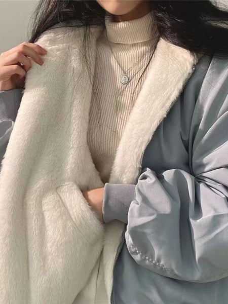 Women's Winter Double-Sided Plush Padded Jacket with Hood & Pockets - Thickened Lamb Outer Coat, Zipper Closure, Solid Color Casual Sweater for Cold Weather (No elastic fabric)