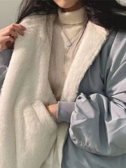 Women's Winter Double-Sided Plush Padded Jacket with Hood & Pockets - Thickened Lamb Outer Coat, Zipper Closure, Solid Color Casual Sweater for Cold Weather (No elastic fabric)