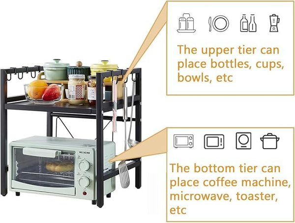 QuickTurn Expandable Microwave Oven Rack Kitchen Countertop Over Microwave Stand Shelf Unit White 2 Tier Space Saving Standing Baker'S Racks for Air Fryer
