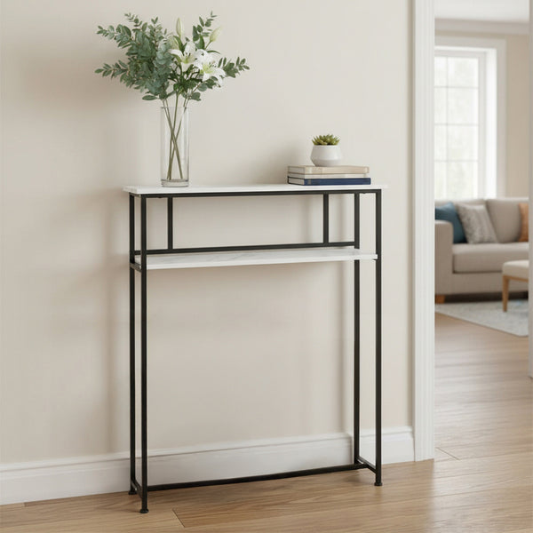 Sofa Side Table for Narrow Spaces, 2-Tier White Marble & Black Steel Shelf, 80cm Slim Console for Behind Couch, Organizer for Remote, Books, Living Room, 80*20*100cm